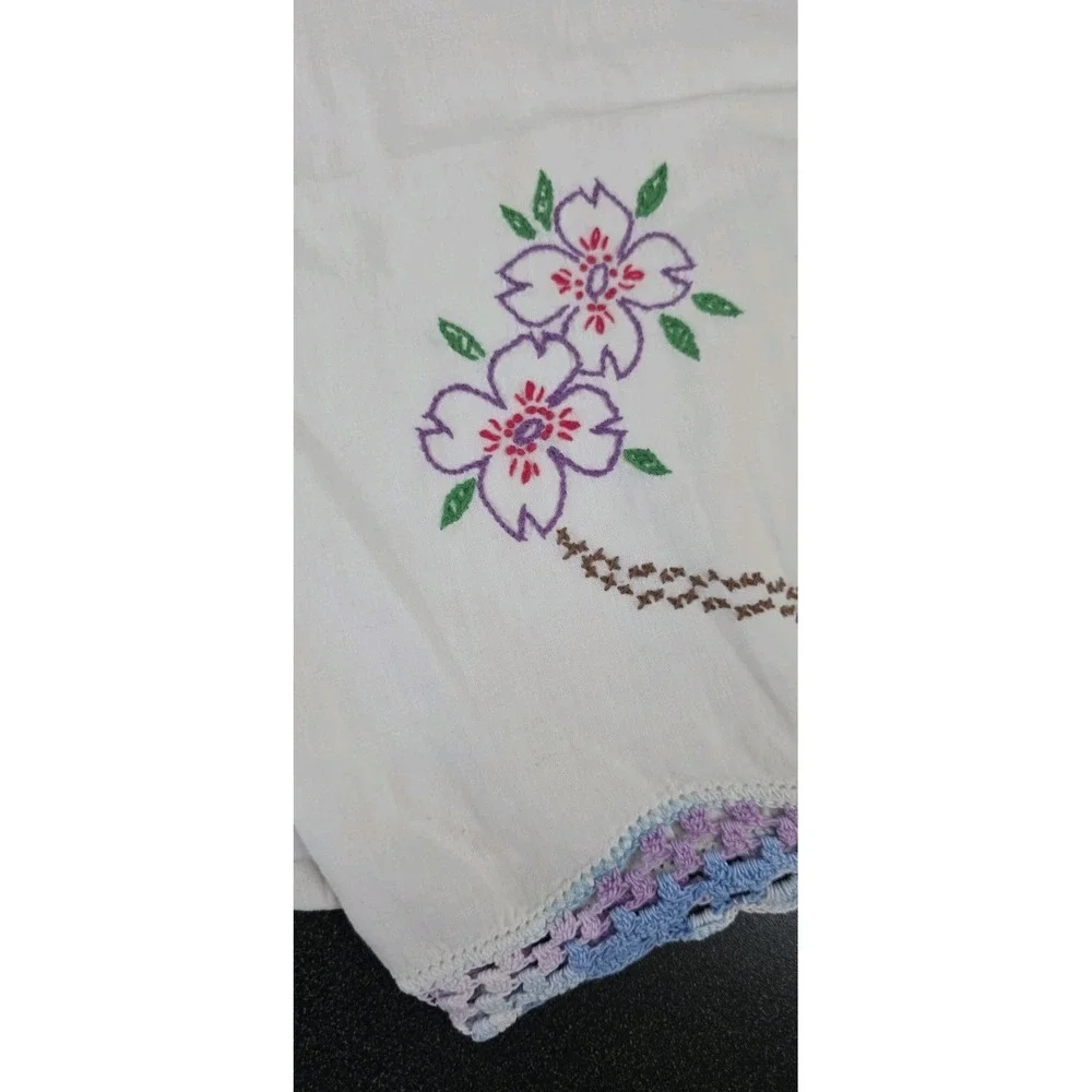 Vintage Pillowcase Hand Embroidery Crochet Trim Lavender 28x19 Cottage Boho Core